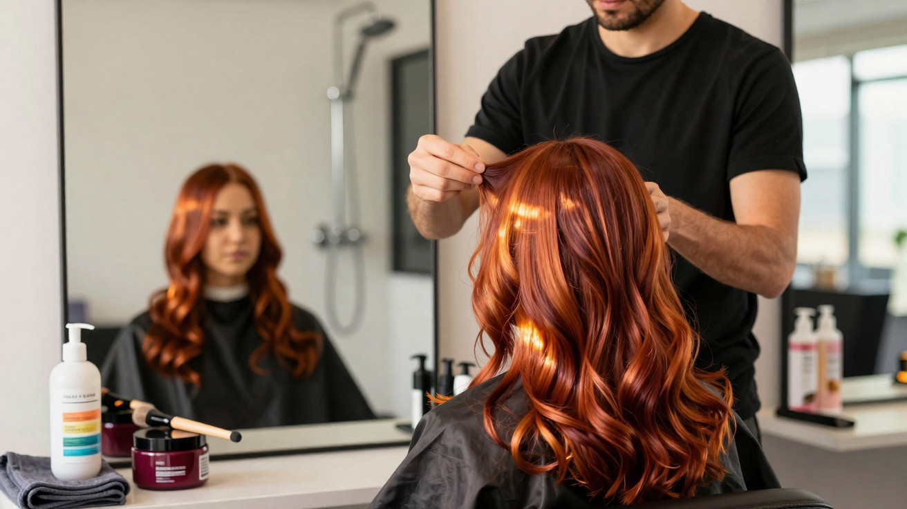 Hairdresser styling a woman's long, wavy red hair in a salon with beauty products on the counter.