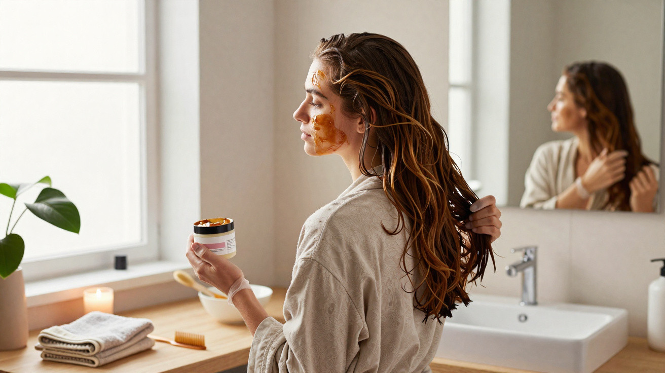 Woman in bathrobe applying a facial mask in a bright bathroom near a window with skincare products on the counter.