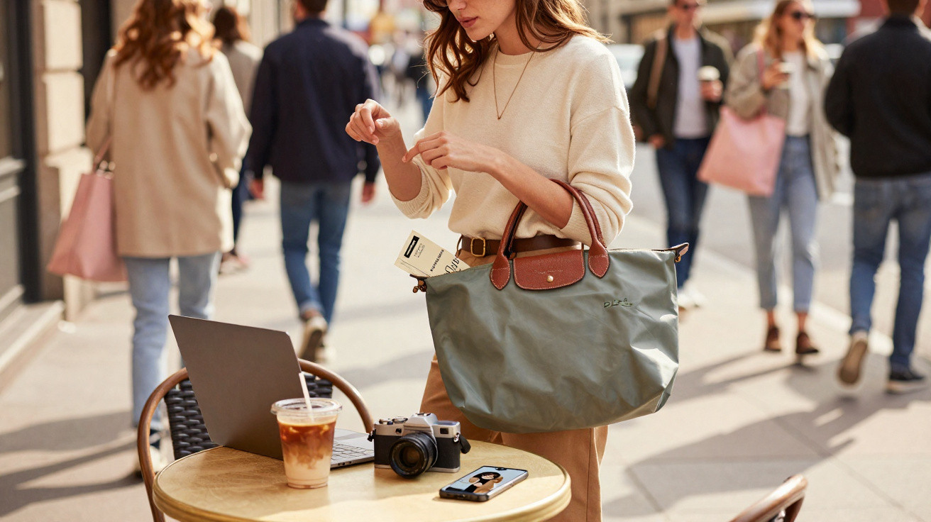 Woman standing by outdoor café table with laptop, iced coffee, camera, and phone on a sunny street.