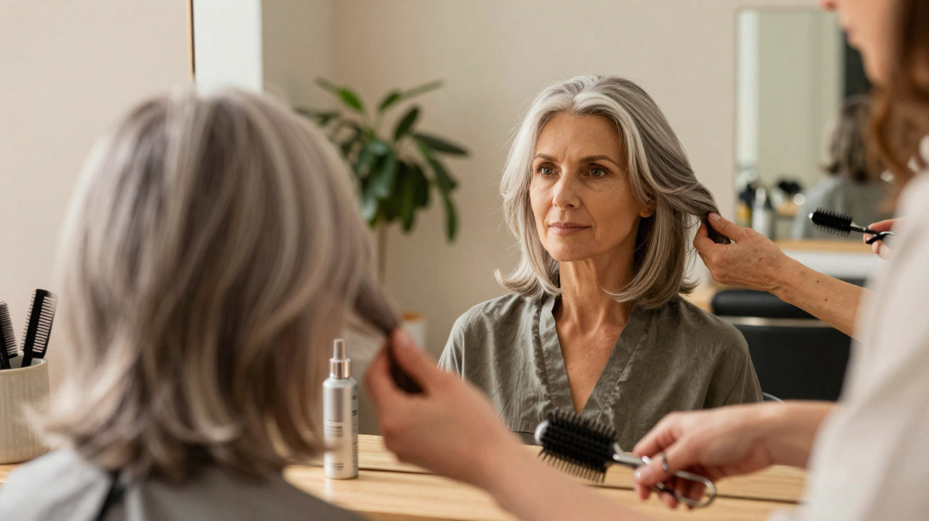 Middle-aged woman with grey hair getting her hair styled by a hairstylist in a salon mirror.