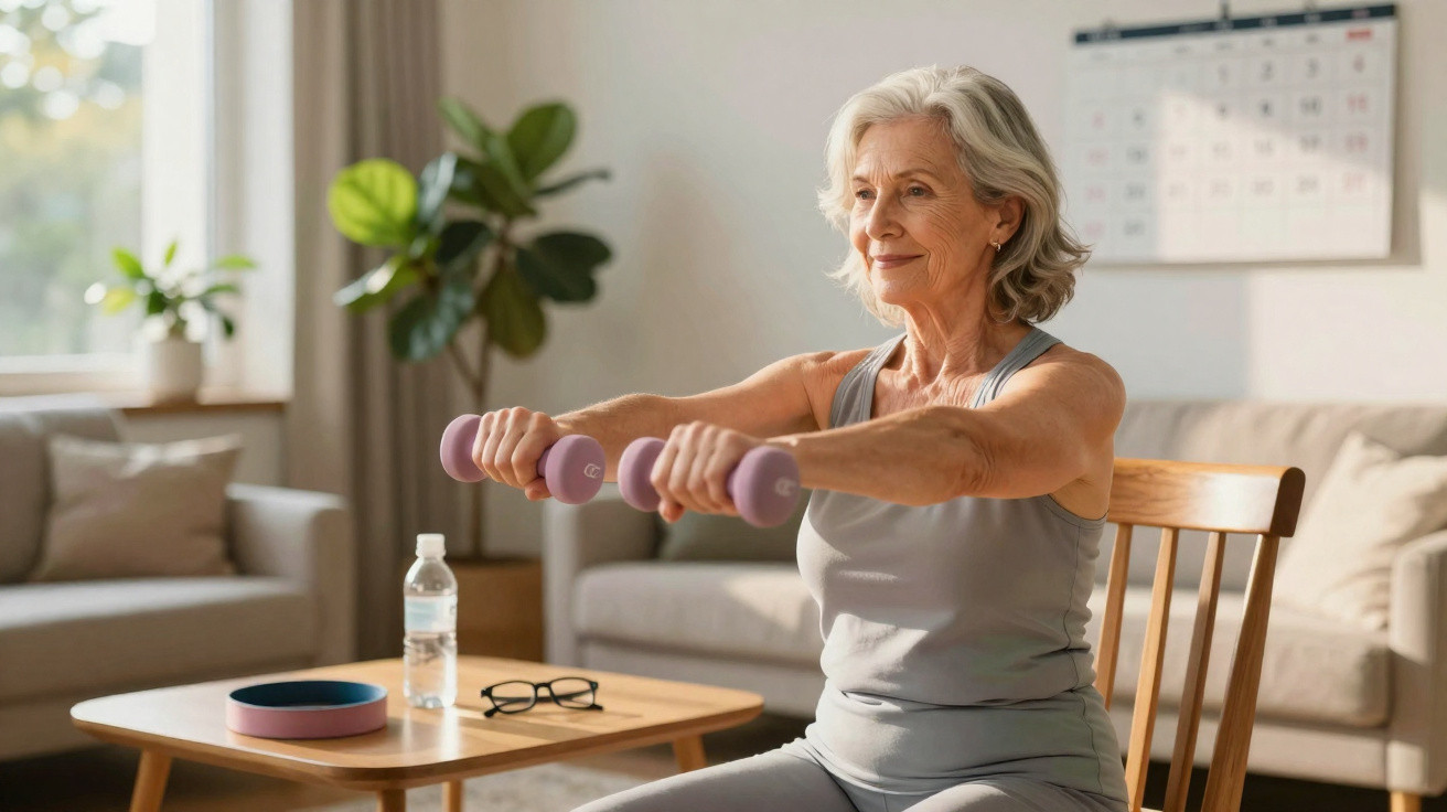 Elderly woman in grey workout clothes lifting pink dumbbells seated in a cosy living room with plants and calendar.