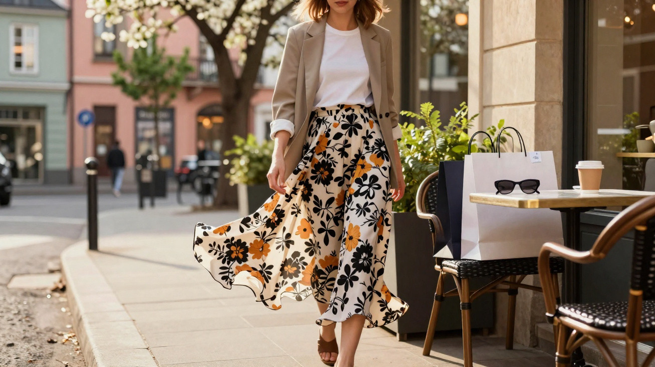 Woman walking on a city street wearing a floral skirt, beige blazer, and white top near a café table with shopping bags.