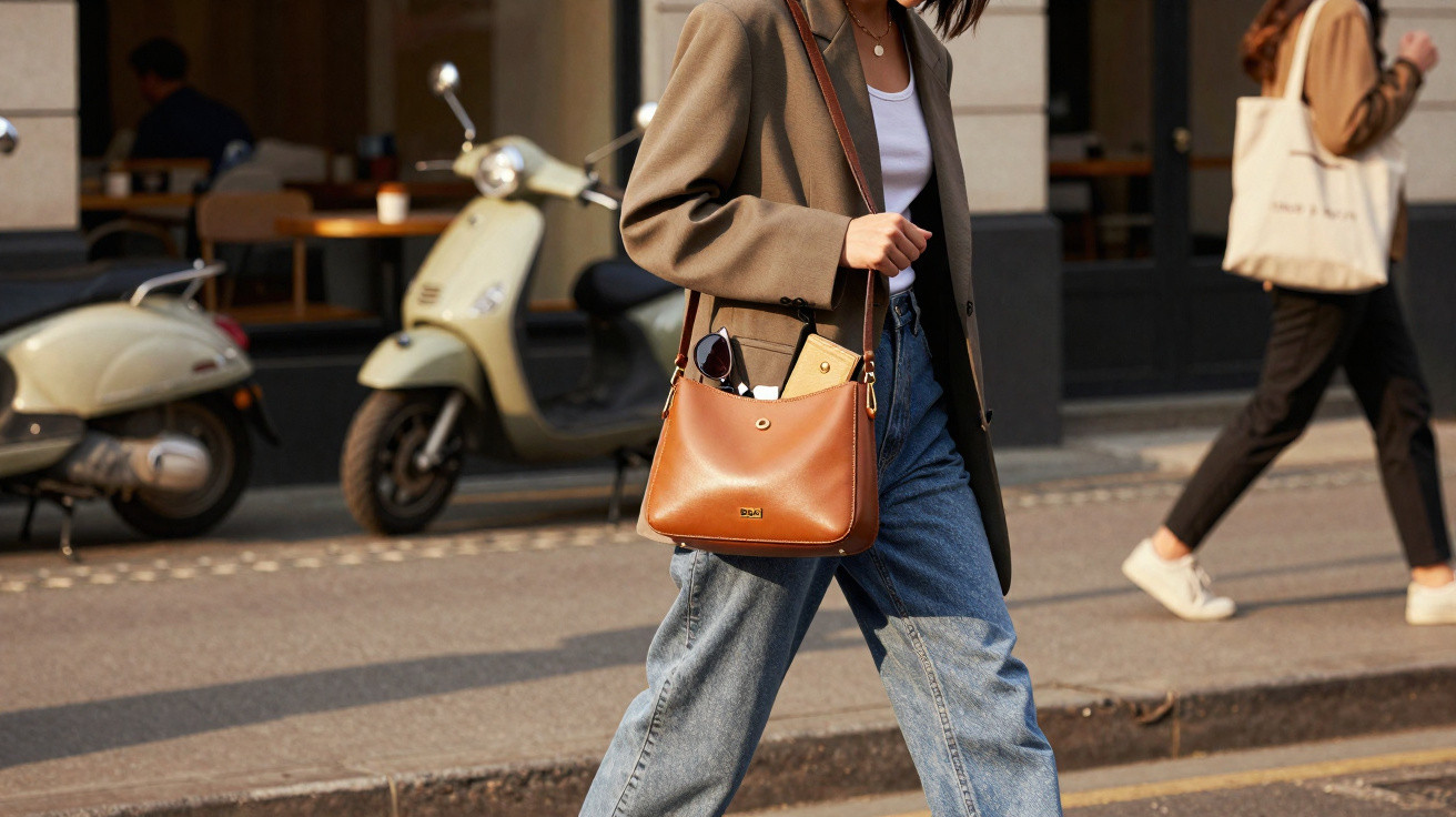 Woman walking on a city street wearing a brown blazer, blue jeans, and carrying a brown leather handbag with sunglasses.
