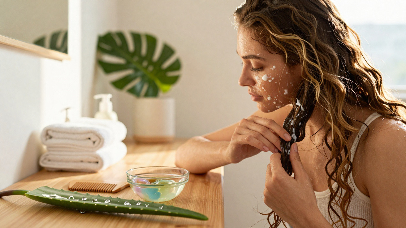 Woman applying skincare cream on her face and hair in a bright bathroom with aloe leaf and towels nearby.