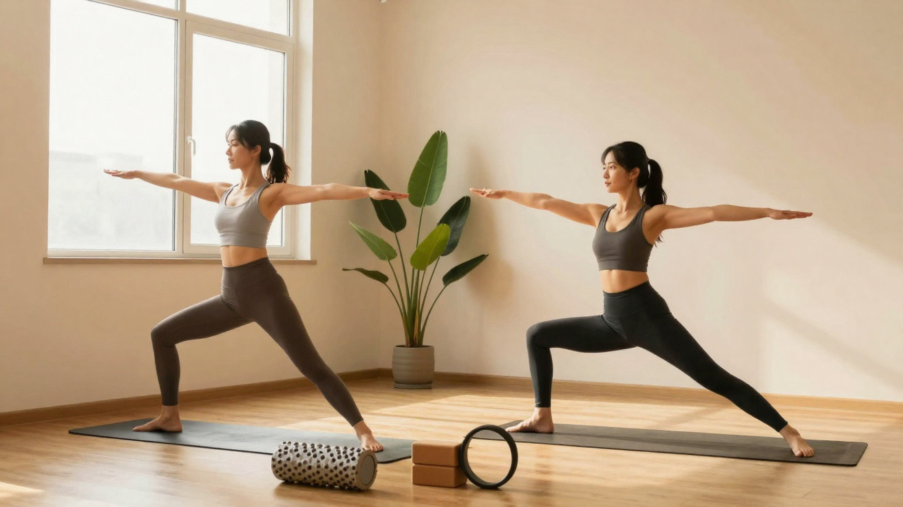 Two women practising yoga warrior pose on mats in a bright room with wooden floor and plants.