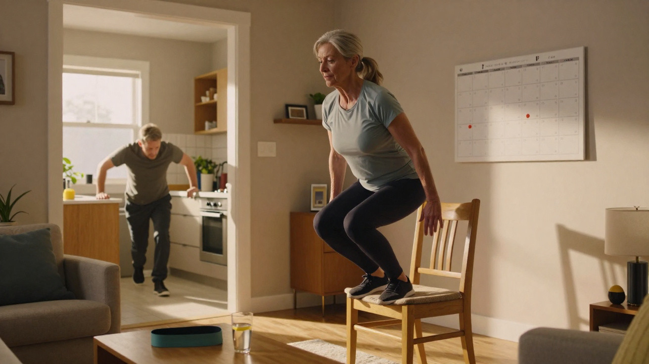 Middle-aged woman doing chair squats indoors while a man exercises in the kitchen in the background.