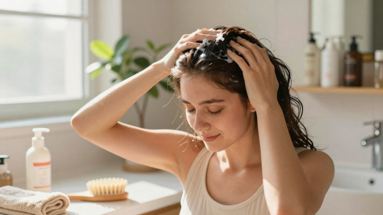Young woman washing hair with shampoo in bright bathroom near window and toiletries on counter