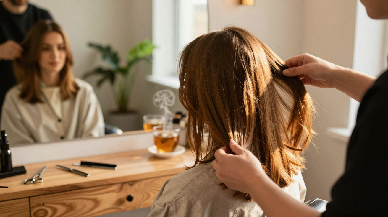 Hairdresser examining a woman's hair in front of a mirror in a bright salon.