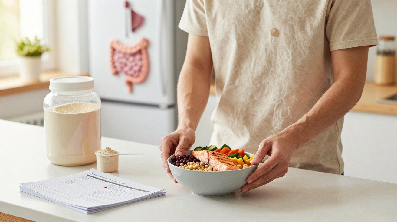 Person holding a bowl of healthy food with salmon, beans, and vegetables on a kitchen counter with protein powder nearby.