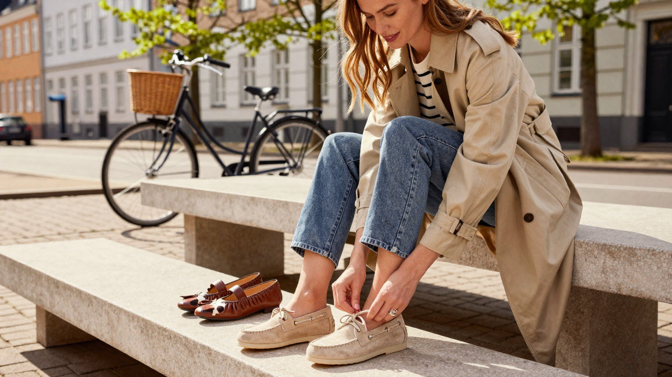 Woman in trench coat sitting on a bench tying shoelaces on beige loafers, with brown shoes and a bicycle nearby.