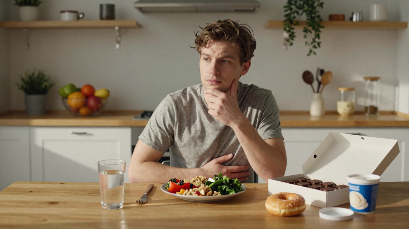 Young man in grey t-shirt sitting at kitchen table with healthy salad and tempting desserts, looking thoughtful.