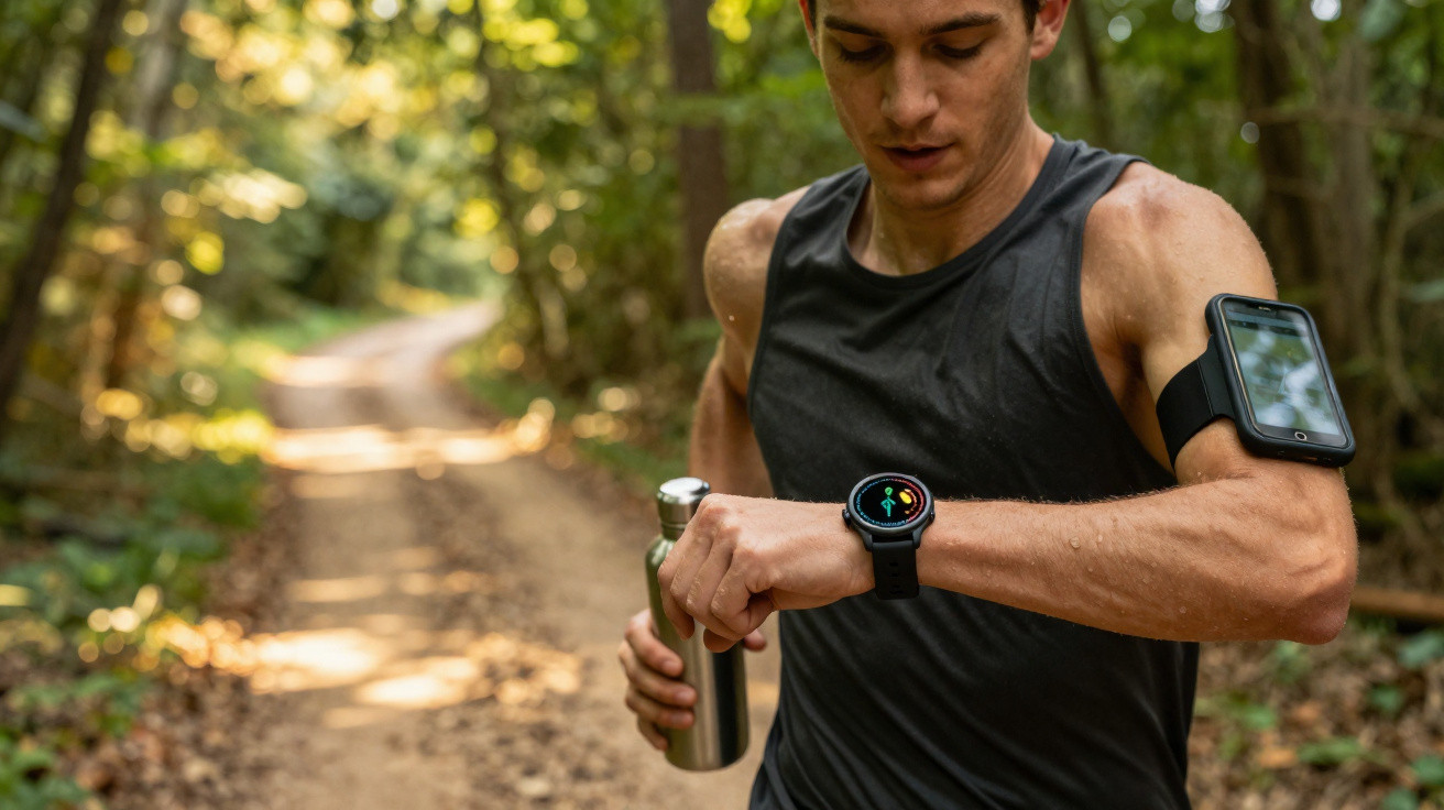 Man in black tank top checking smartwatch while holding metal water bottle on forest trail.