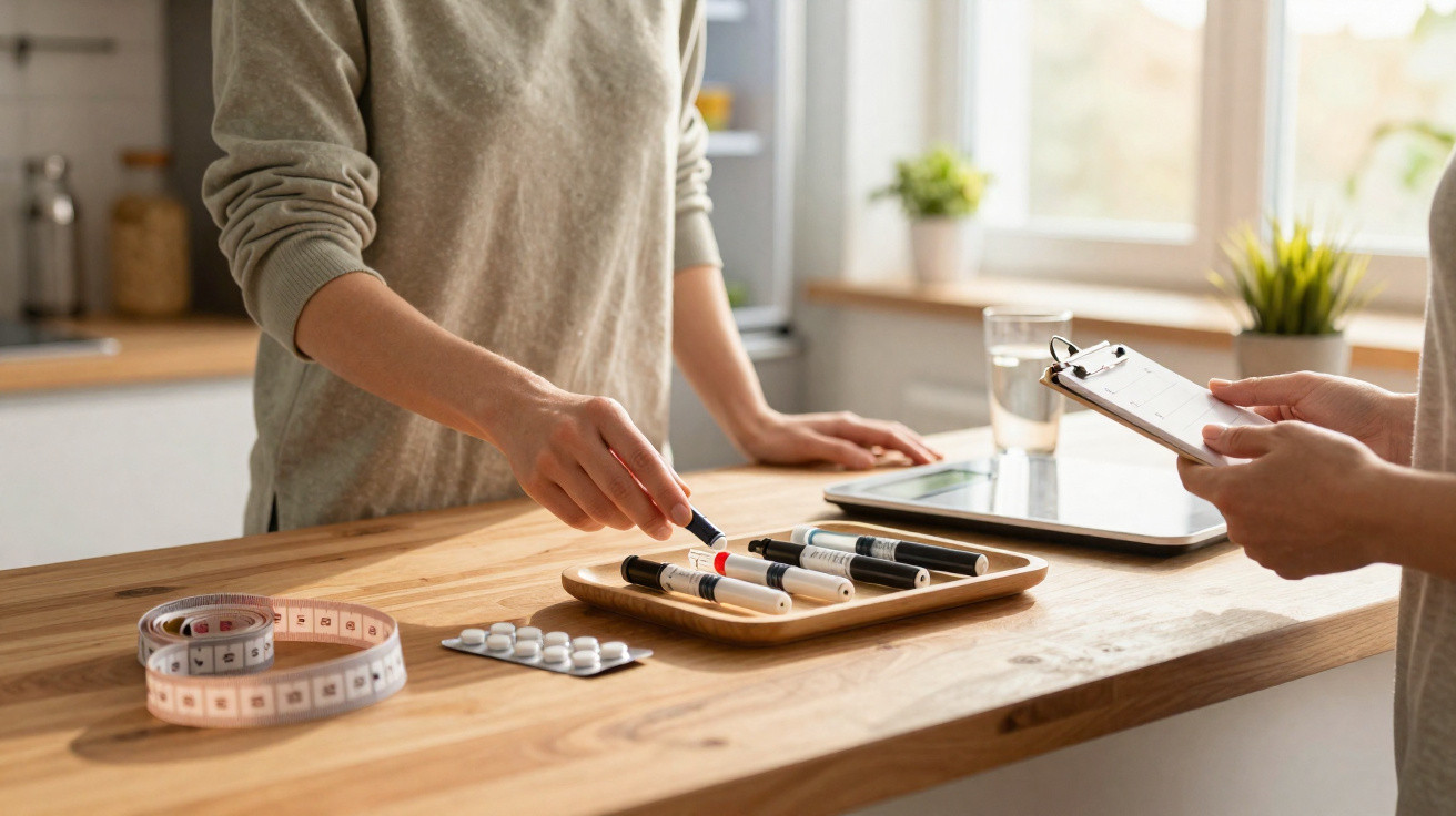 Person picking up insulin pen from wooden tray during diabetes consultation with another holding clipboard