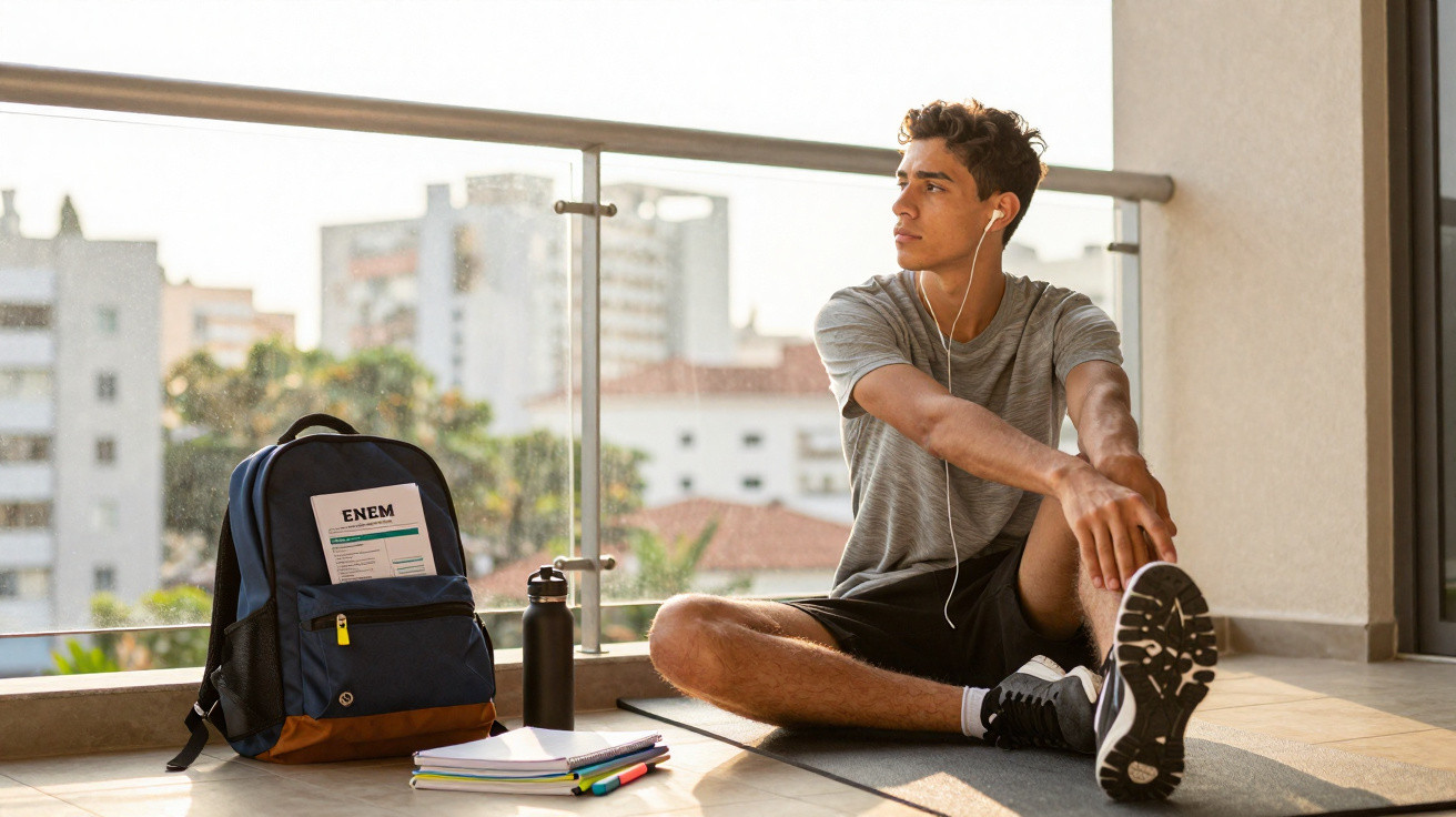 Young man wearing earphones sitting on floor, stretching leg with backpack, water bottle, and study materials nearby.