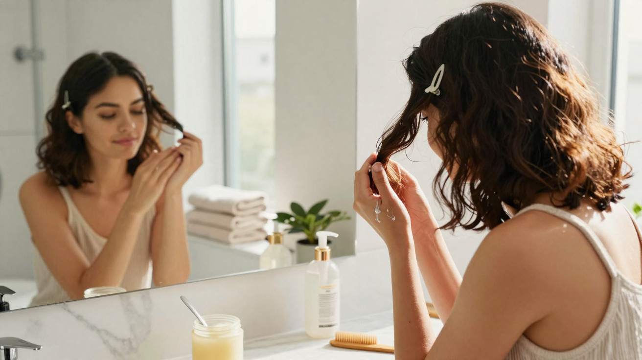 Woman with short wavy hair wearing a beige tank top, styling her hair in front of a bathroom mirror.