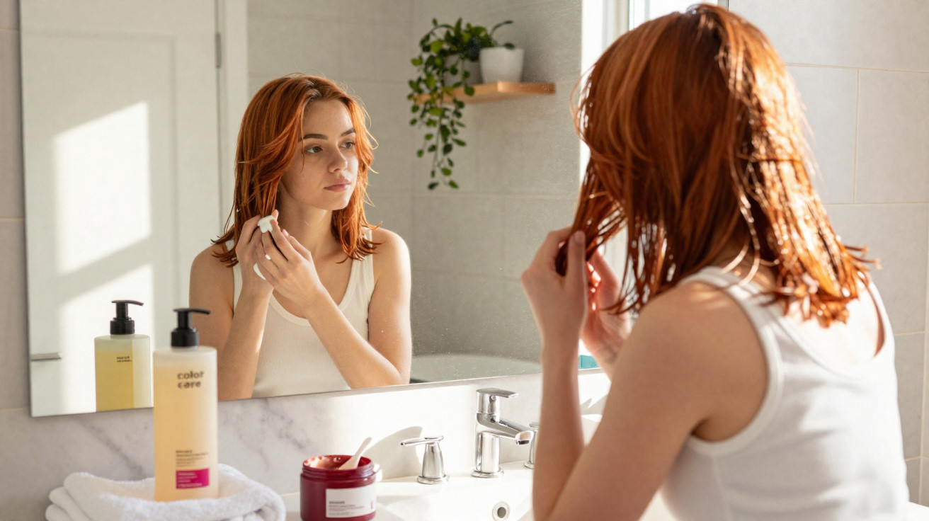 Woman with red hair applying hair treatment in front of a bathroom mirror during daytime.