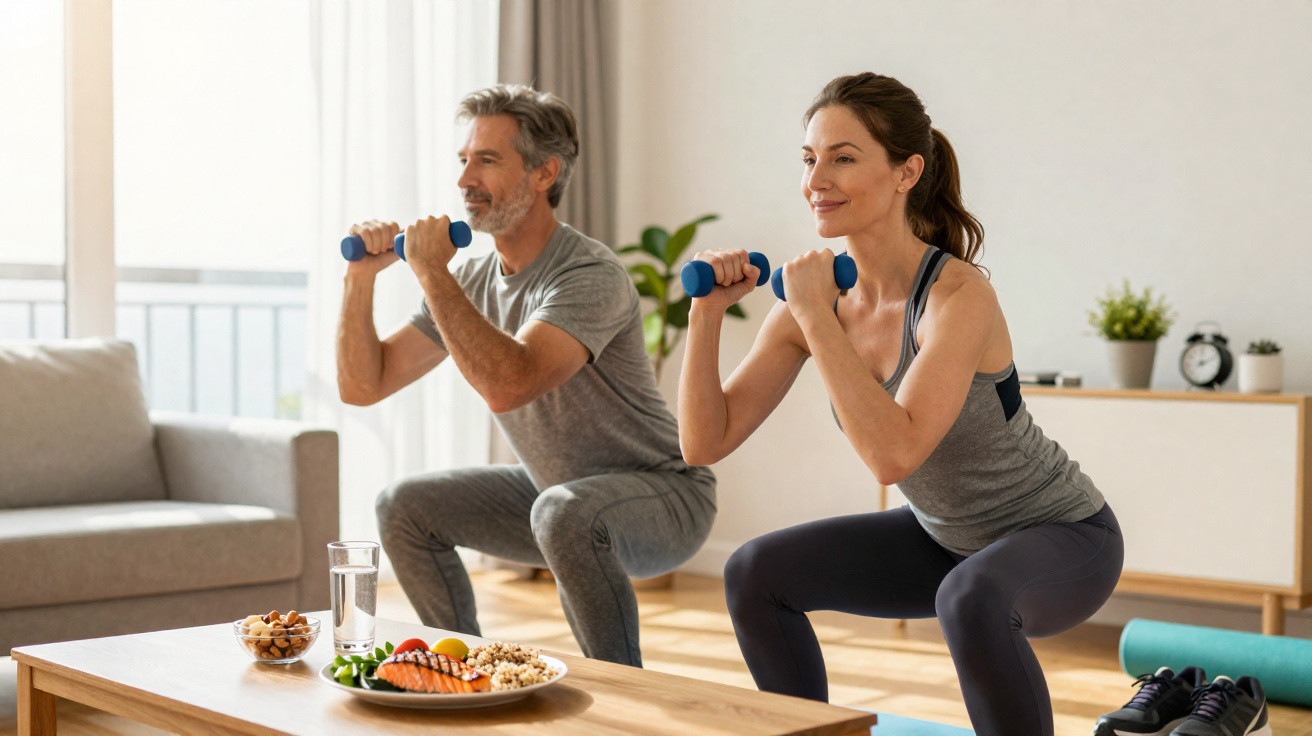 Middle-aged man and woman doing squats with dumbbells in a bright living room.