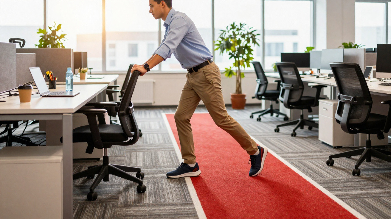 Man doing standing calf stretch using office chair in modern workspace with computers and plants.