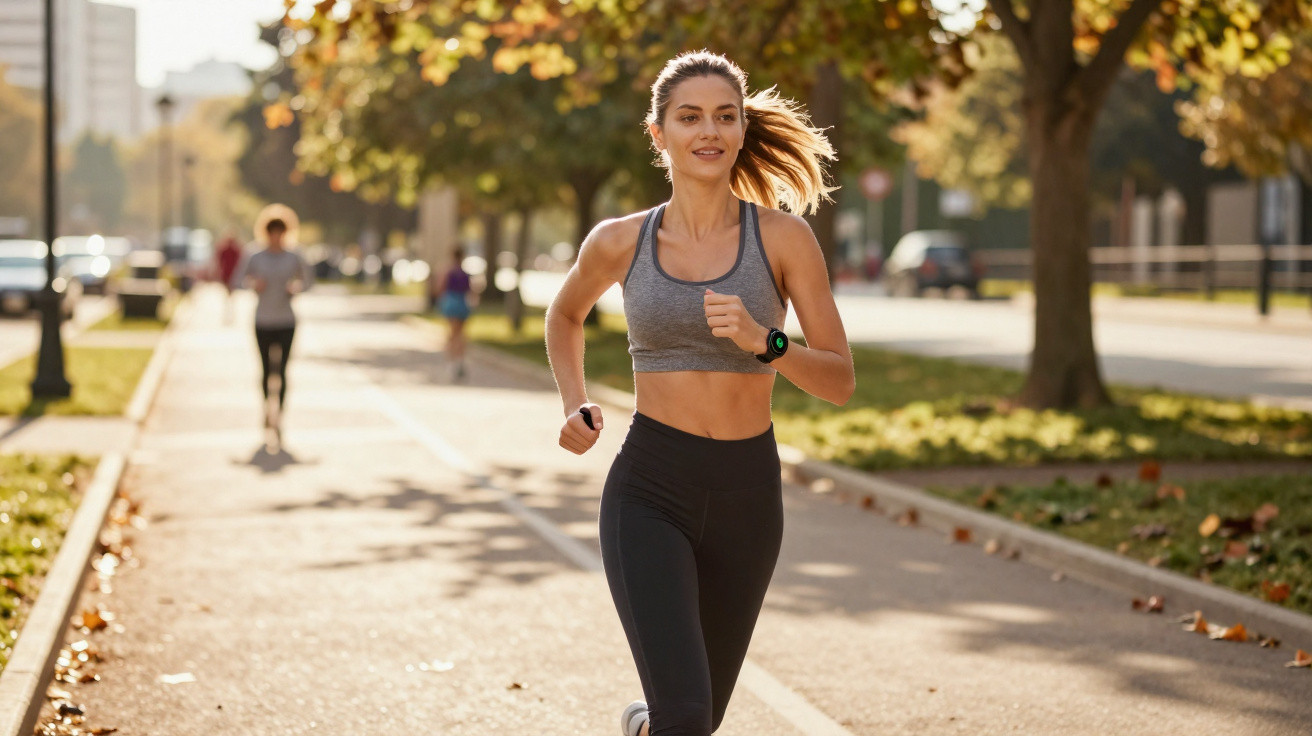 Young woman in sportswear jogging on a tree-lined path on a sunny autumn day.