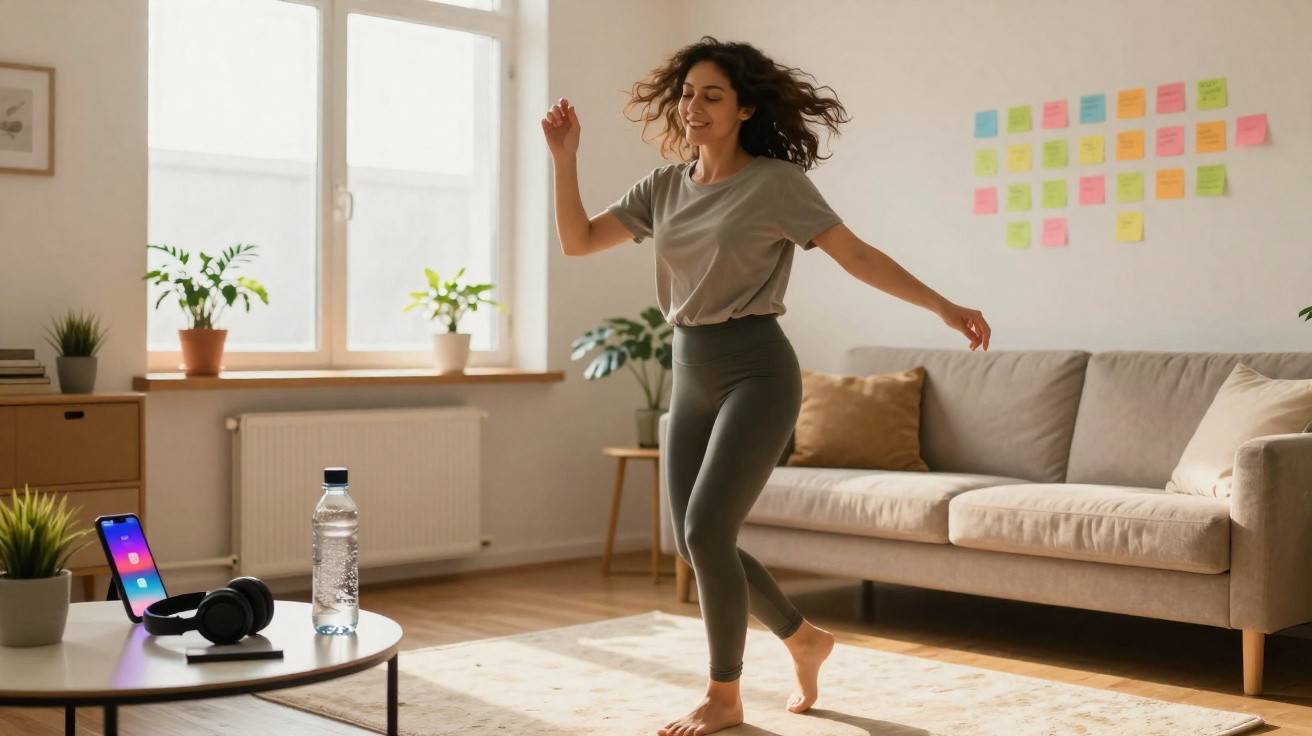 Young woman in casual clothes dancing barefoot in a bright living room with plants, sofa, and sticky notes on the wall.