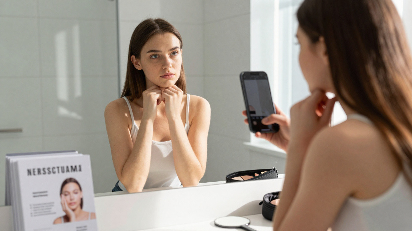 Young woman with brown hair and white vest looking thoughtfully in bathroom mirror while holding phone.