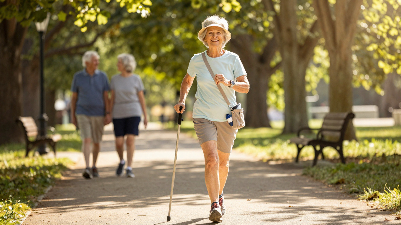 Elderly woman walking with a cane in a sunny park with two elderly people walking in the background.