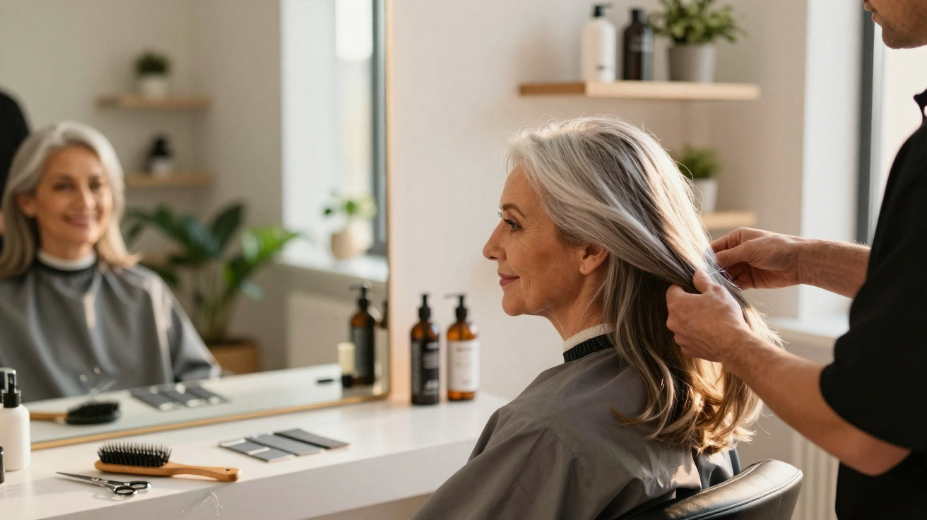 Older woman with grey hair getting a haircut in a bright salon, smiling at her reflection in the mirror.