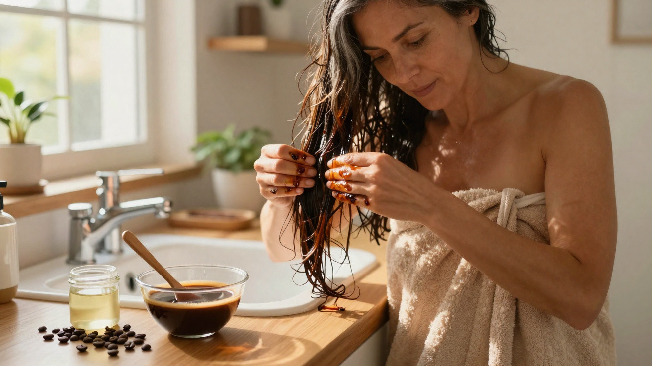 Woman in towel applying coffee hair treatment in a bright bathroom with natural light.