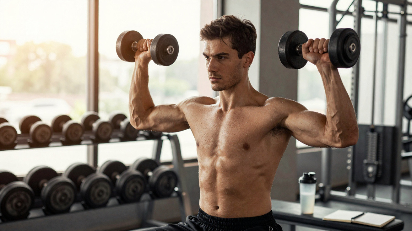 Shirtless man lifting dumbbells doing shoulder press exercise in a gym with weights and equipment in background.