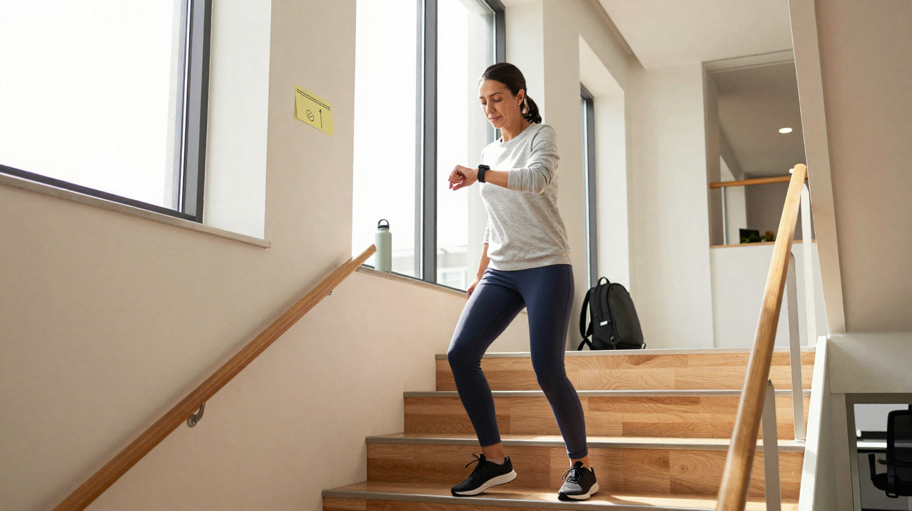 Woman in sportswear walking down wooden stairs inside a bright modern building while checking her smartwatch