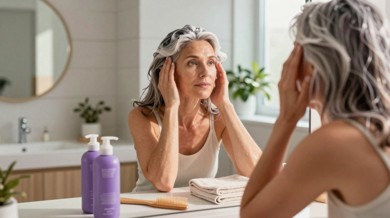 Mature woman with grey hair touching her face looking at her reflection in bathroom mirror with skincare products nearby.