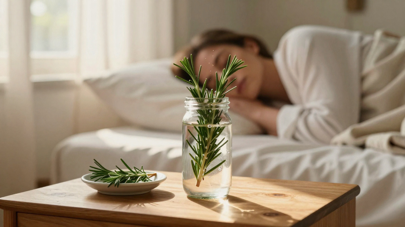 Sprigs of rosemary in a glass jar on a wooden bedside table with a person lying on a bed in the background.