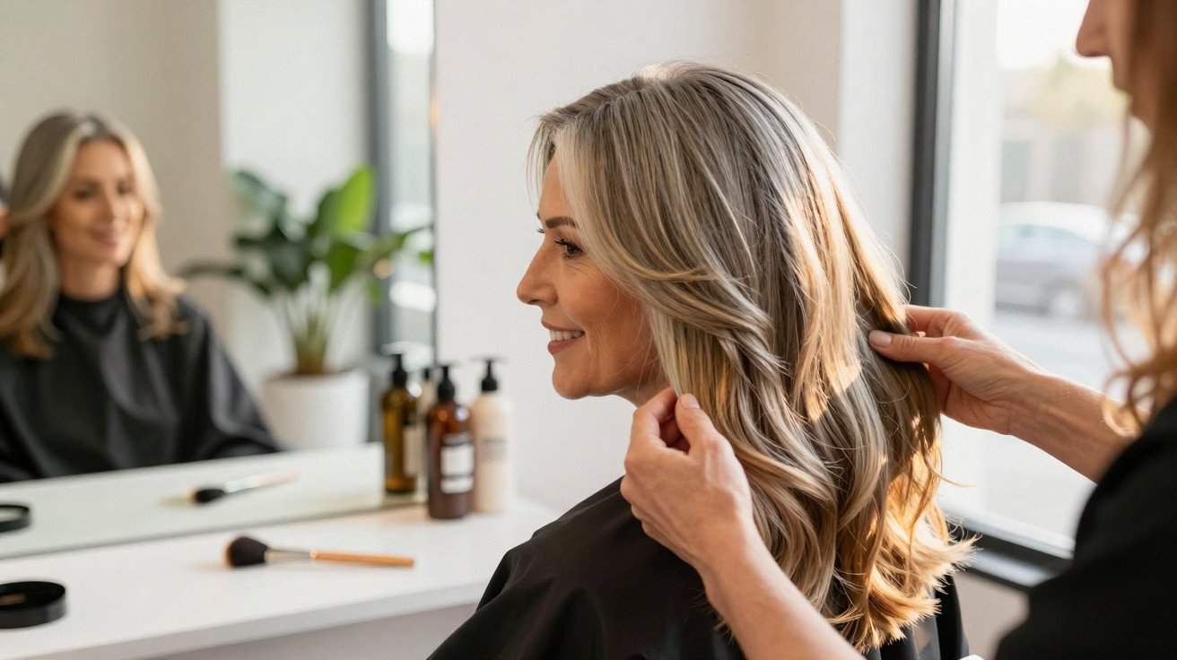 Woman with long blonde hair smiling at her reflection while a hairdresser styles her hair in a salon.