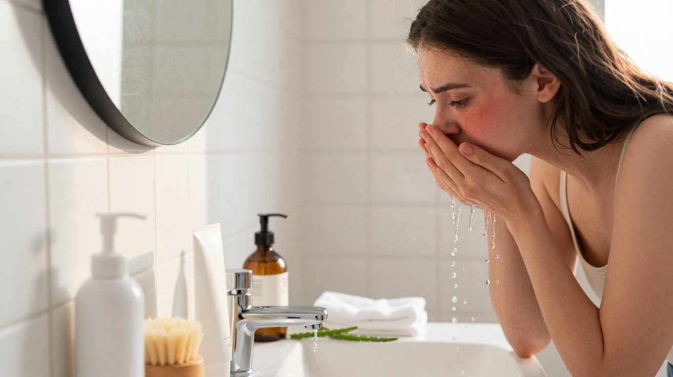 Woman washing her face with water at a bathroom sink in a clean, white tiled room.