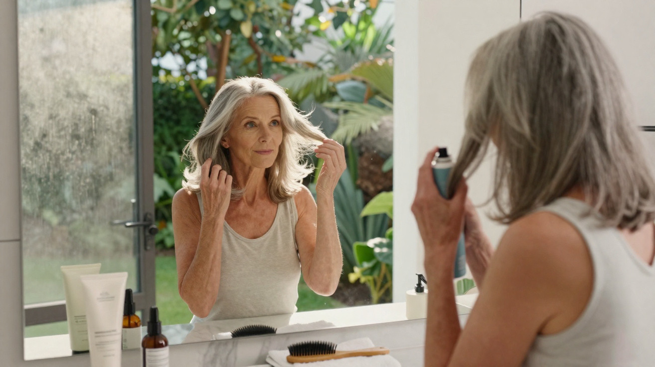 Mature woman with grey hair styling her hair with spray while looking in bathroom mirror during daytime