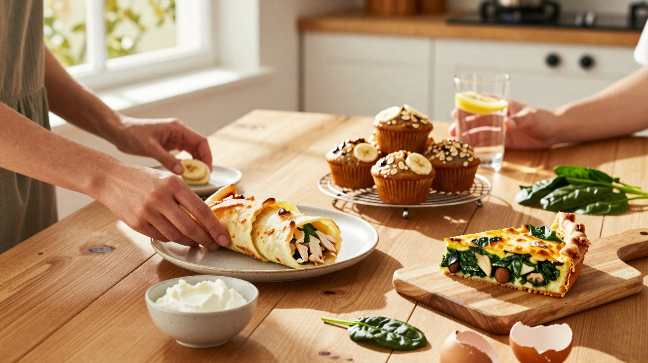 Hands preparing a breakfast wrap with spinach quiche, muffins, cream, and a glass of water on a wooden table.