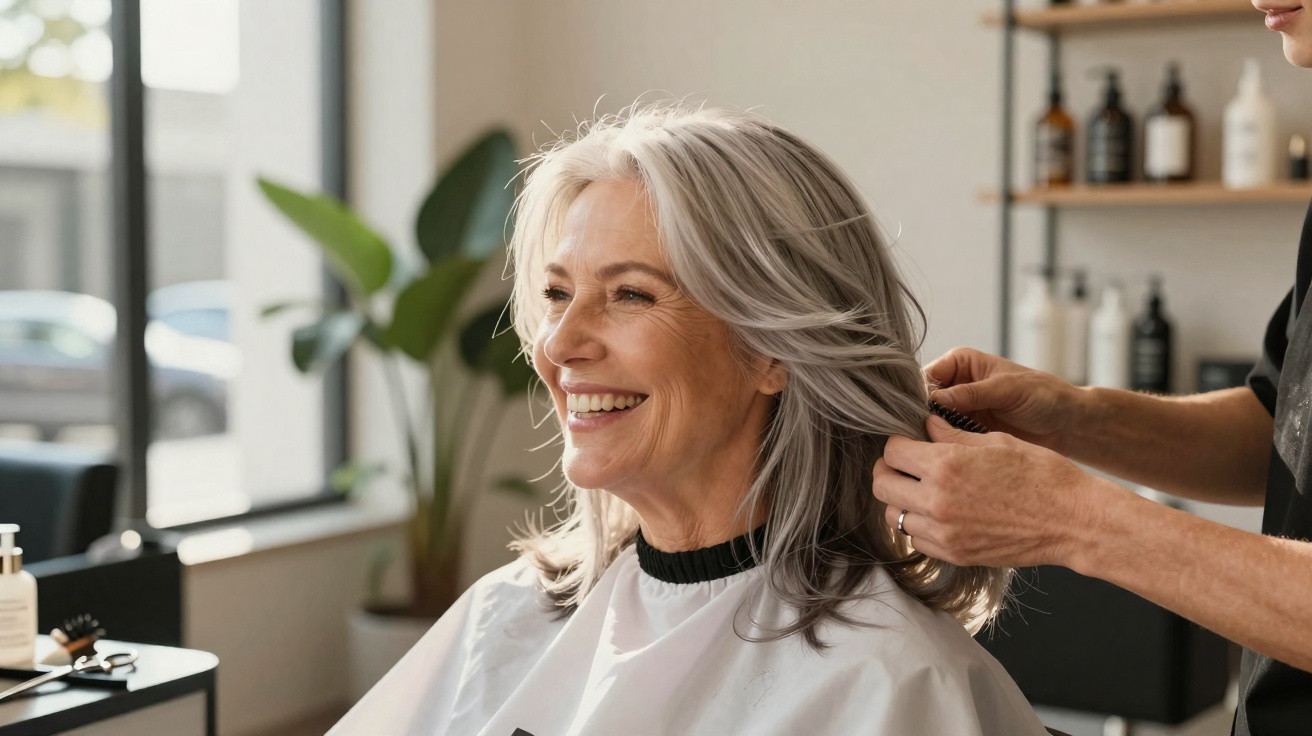 Smiling older woman with grey hair getting her hair styled at a salon by a hairdresser.