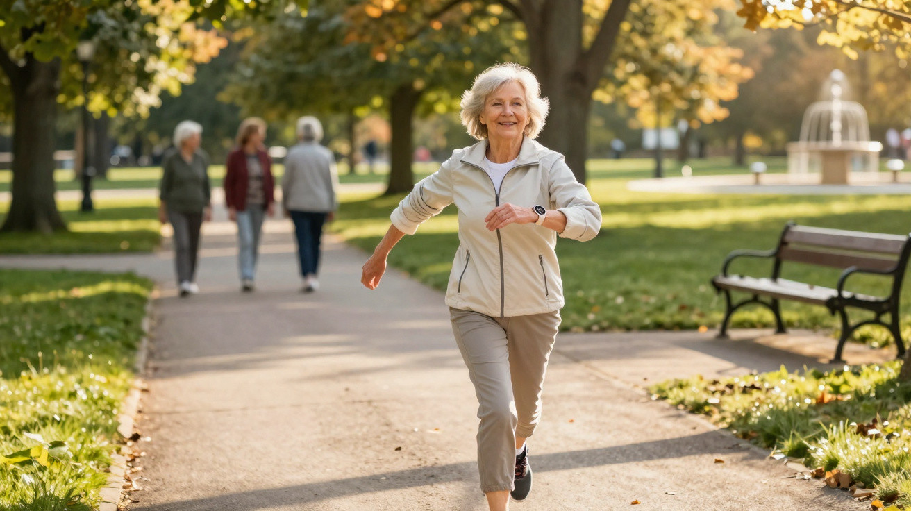 Active elderly woman jogging along a tree-lined park path on a sunny autumn day.
