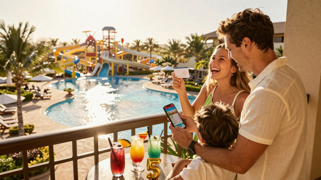 Family enjoying drinks on a balcony overlooking a water park with slides and a pool on a sunny day.