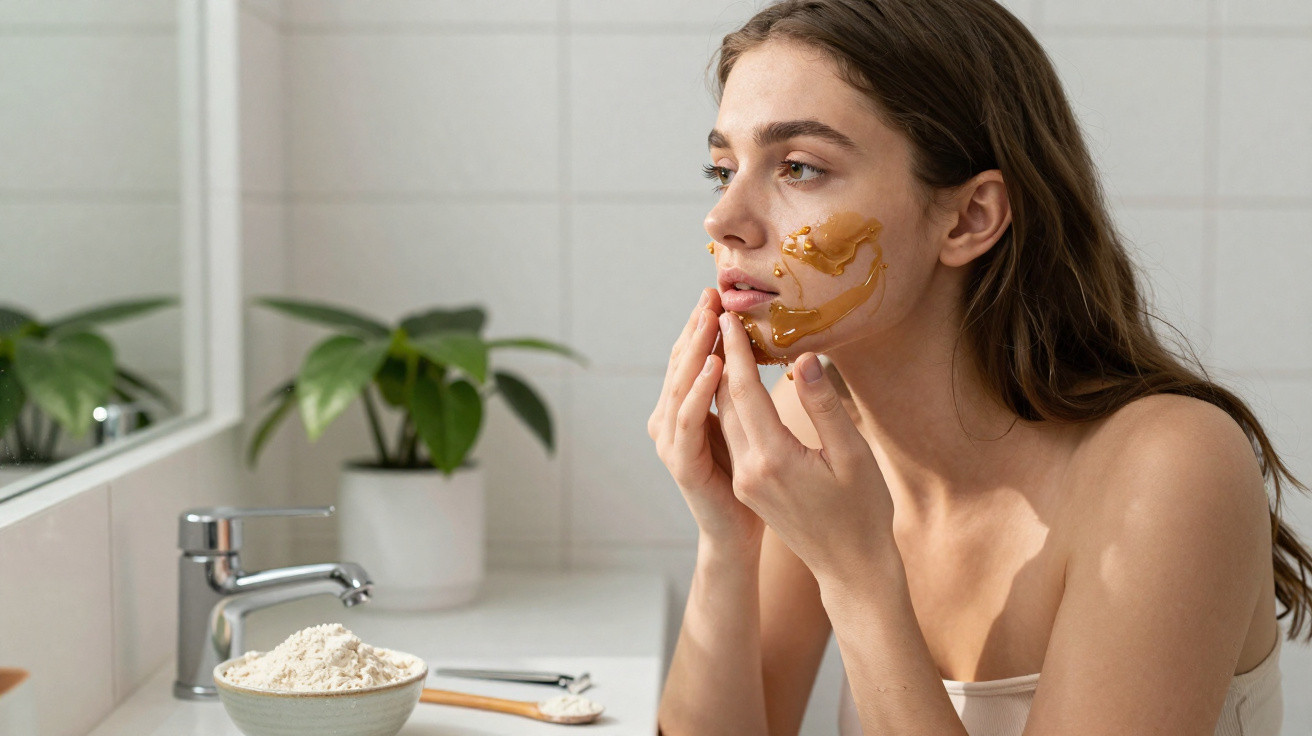Young woman applying a golden facial mask in a bright bathroom with plants and skincare products nearby.
