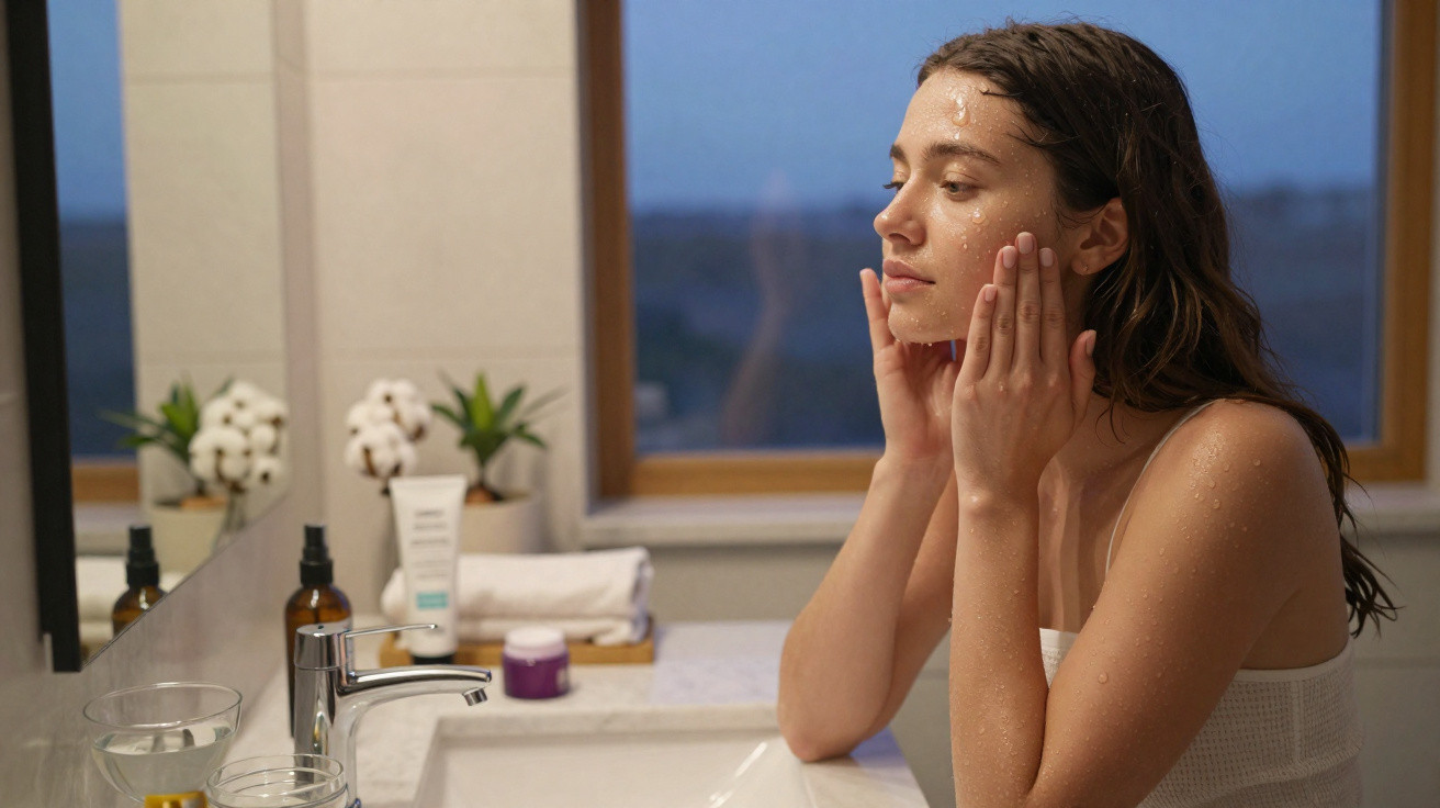 Woman with wet hair applying skincare on her face in a bathroom with a sink and mirror.