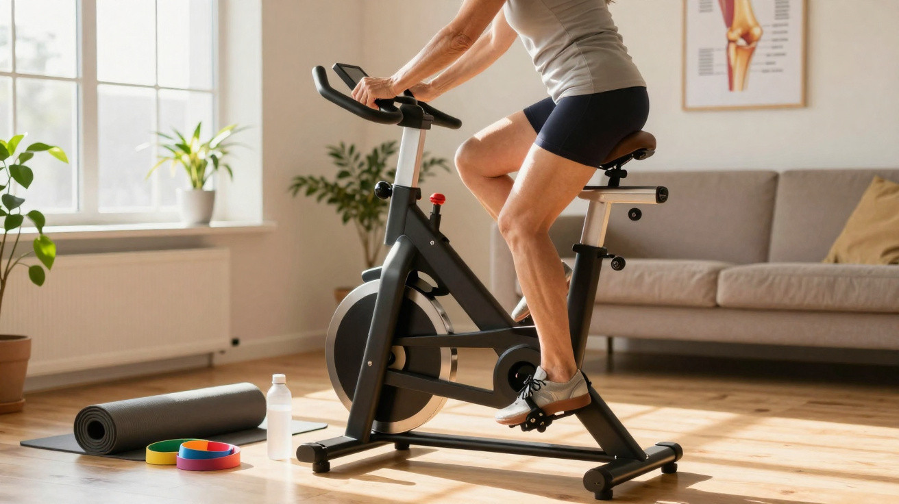 Person cycling on a stationary exercise bike in a bright living room with plants and fitness accessories nearby.
