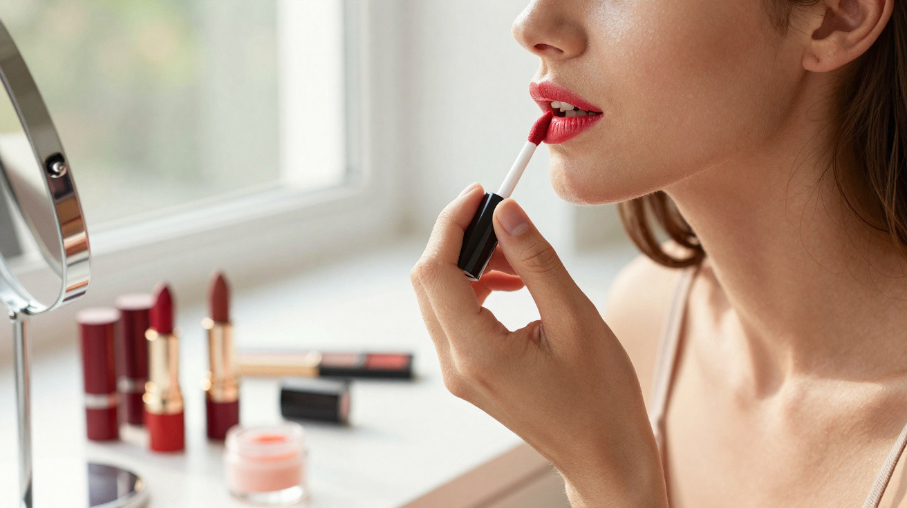 Woman applying red lip gloss in front of a mirror with various lipsticks and cosmetic products on the table.