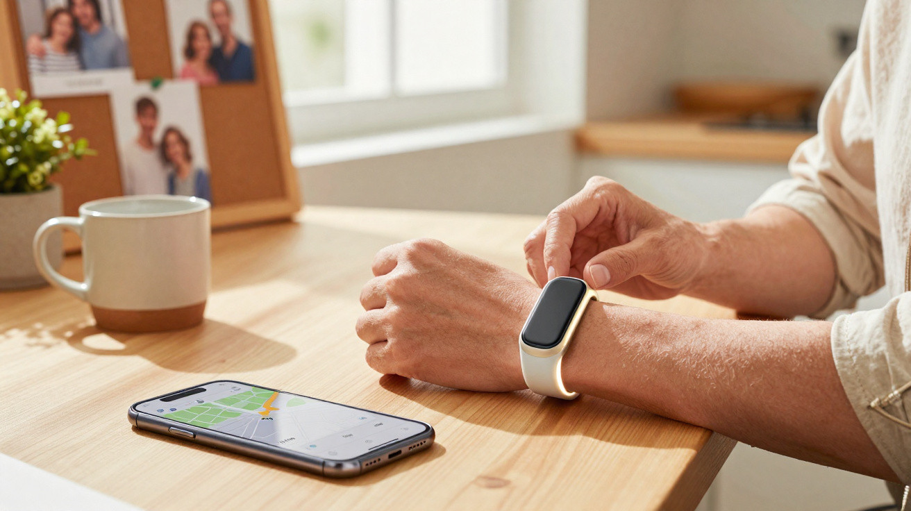 Person adjusting a fitness tracker on their wrist next to a smartphone displaying a map on a wooden table.