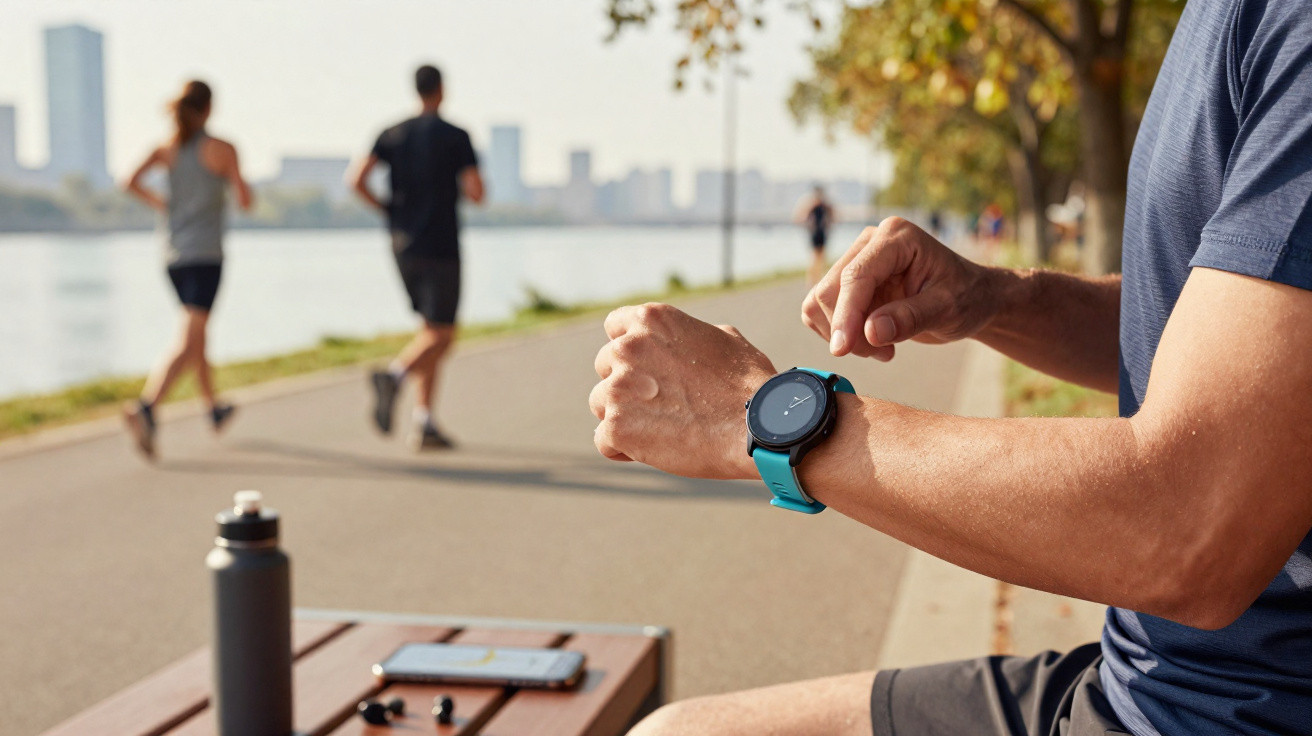 Person checking smartwatch on wrist while two people jog along a riverside path with trees and buildings in background