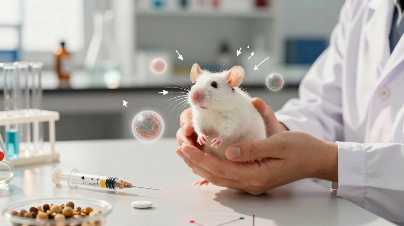 Scientist holding a white lab mouse with floating virus cells in a laboratory setting with syringe and pills.