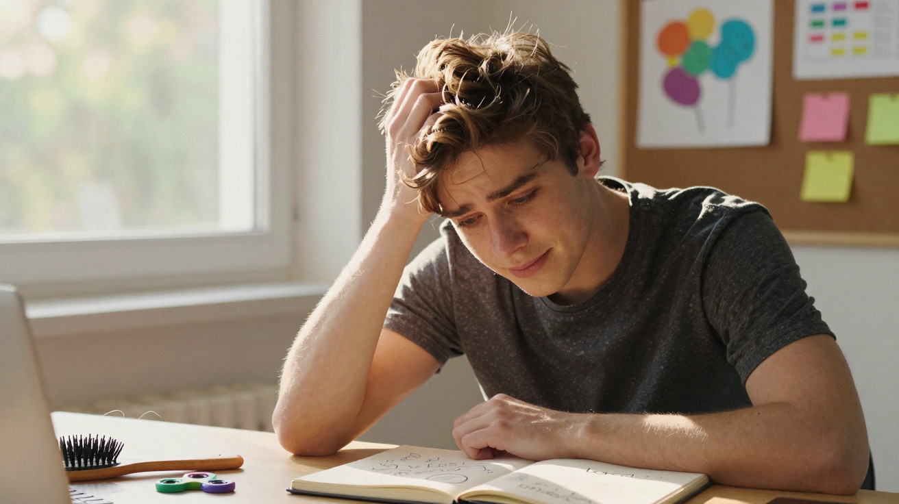 Young man looking stressed while studying with an open notebook at a sunlit desk by a window.