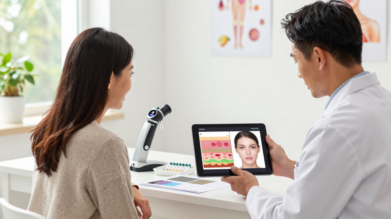 Doctor showing a skin analysis and facial images on a tablet to a female patient in a clinic.