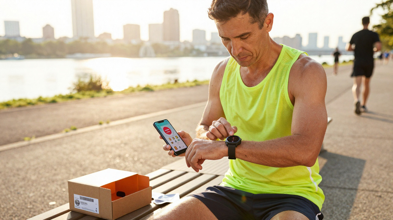 Man in fluorescent vest sitting on a bench by the river, checking a smartwatch with a phone in hand.