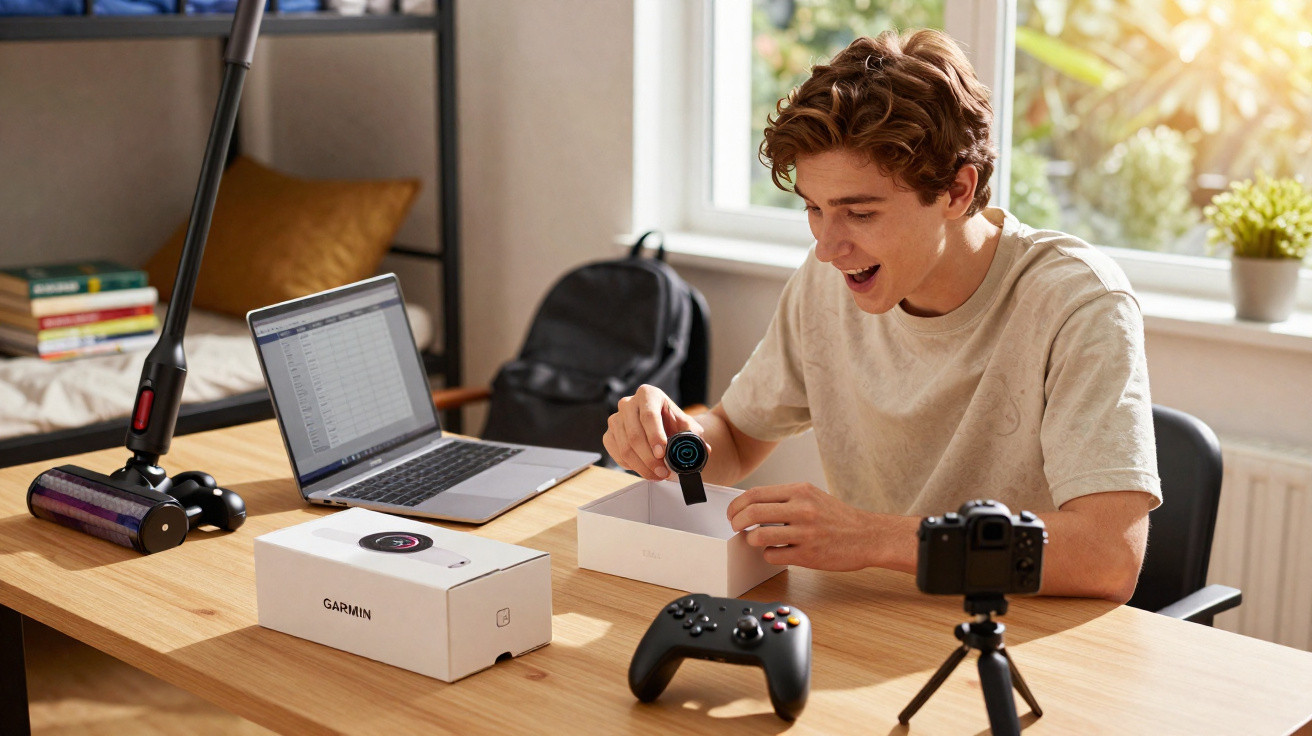 Young man unboxing a Garmin smartwatch at a desk with laptop, vacuum cleaner, game controller, and camera on tripod.